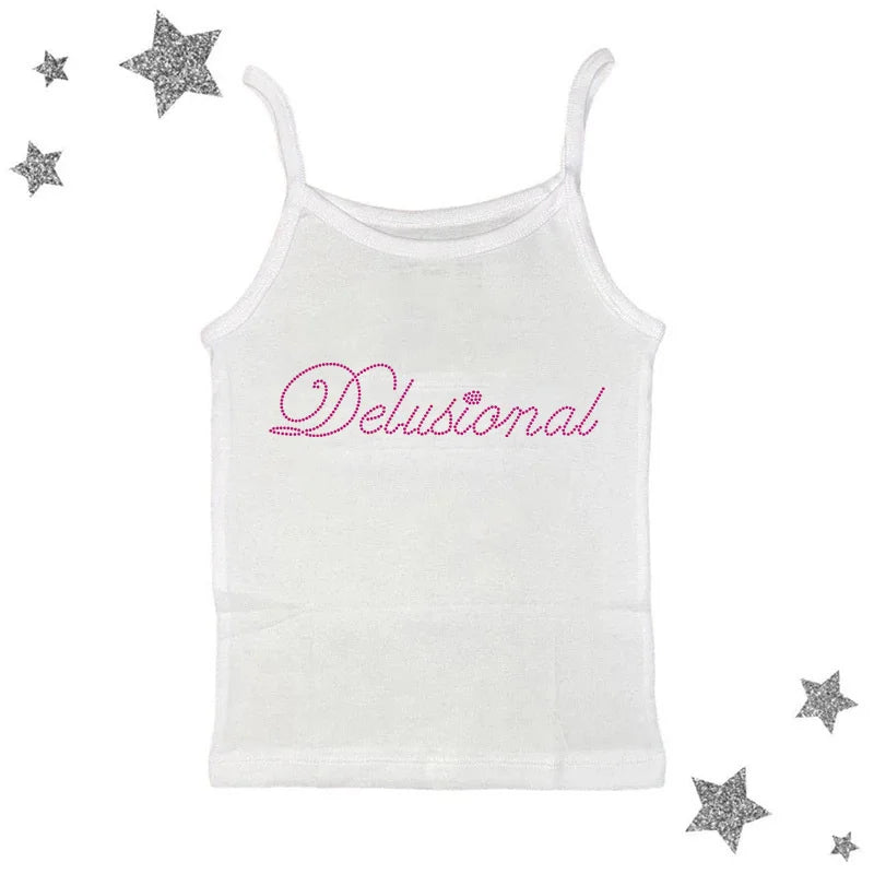 Vintage Punk Rhinestone Letter Gothic Sleeveless Streetwear Short Sleeve Sexy T Shirt Y2k Style Crop Tank Top Women Summer Camis Beige