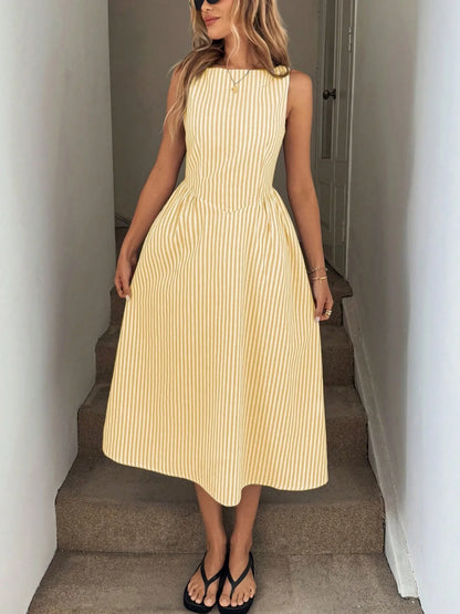 Summer fashion new high-end casual vertical stripe sleeveless dress