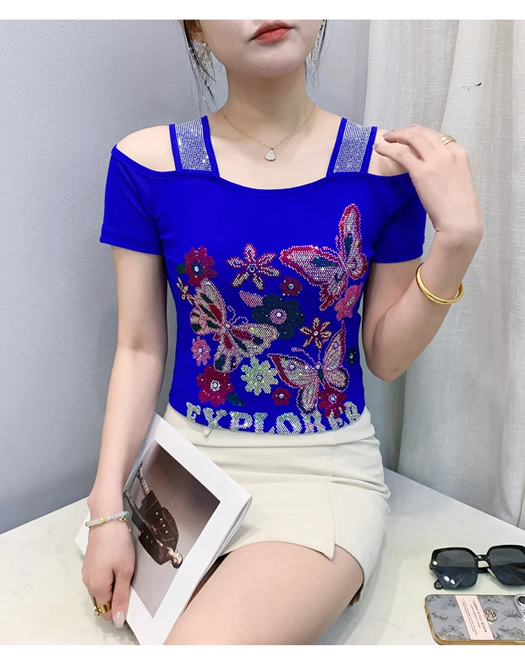New Arrival Summer European Clothes Women's T-Shirts Chic Luxury Butterfly Hot Diamonds Tees Sexy Girl Slim Streetwear Tops