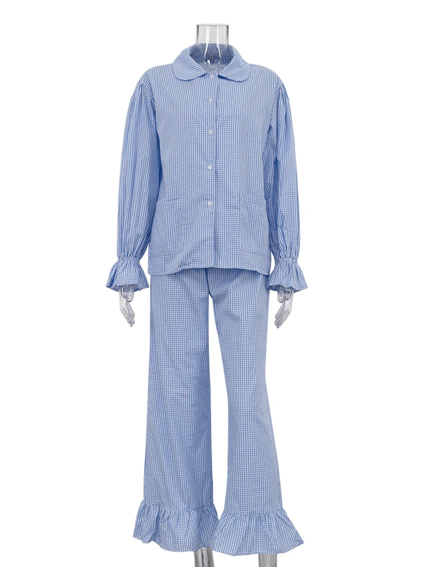 Marthaqiqi Striped Women Pajamas Set Turn-Down Collar Sleepwear Long Sleeve Nightgown Pants Casual Ladies Nightwear 2 Piece Suit