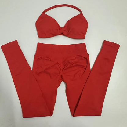 No Logo Seamless Yoga Set Women Workout Scrunch Leggings Set Strappy Halter Sports Bra Fitness Gym Clothing Workout Set 2 Pieces Badiee Stylez