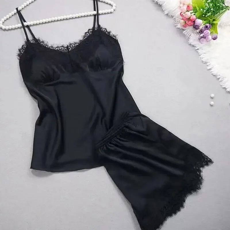 Women's Halter Pajamas 2 PCS Camisole and Shorts Home Wear Red Black Sexy Lace S M Ventilate Comfort