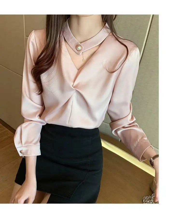 Satin Beading Halter V-Neck Woman Blouses 2022 Spring New Elegant Fashion Office Lady Long Sleeve Loose Commuter Shirts Female