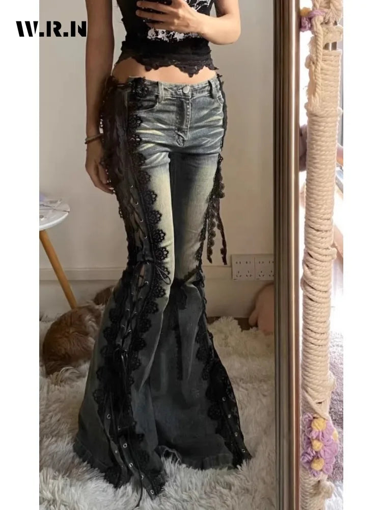 Retro Eyelets Lace Up Flare Jeans Stitch Lace Whiskers Low Rise Split Bootcut Pants Women Bell Bottoms Streetwear Y2k Aesthetic
