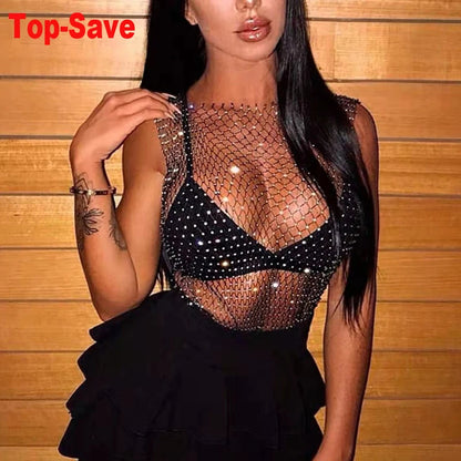 Sexy Diamonds Mesh Cropped Tank Top Women Summer Cover Up Bikini See Through Rhinestone Net Party Club Crop Top Dropshipping