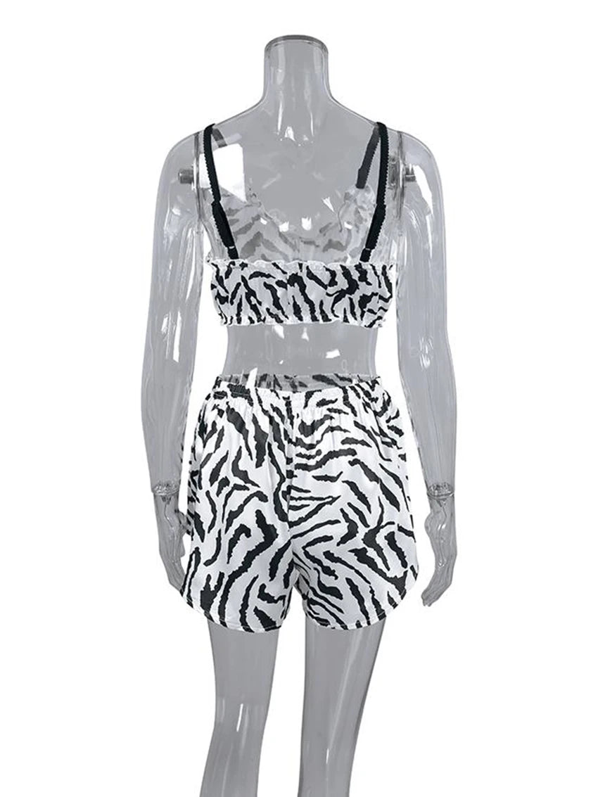 Marthaqiqi Printing Women Sleepwear 2 Piece Set Tank Tops Pajamas Crop Top Spaghetti Strap Nightgowns Shorts Casual Nightie Suit