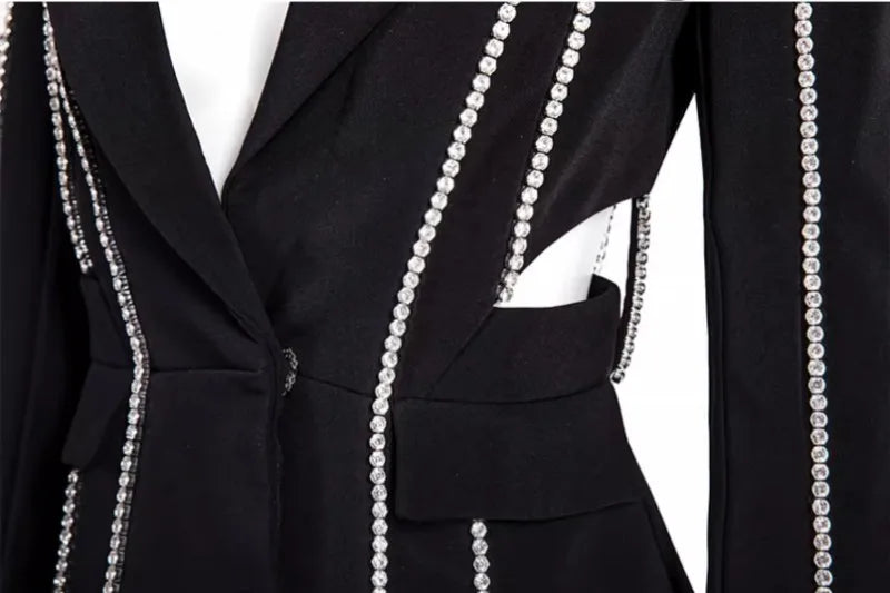 Designer Women Diamonds Hollow Out High Waist Slim Fit Blazers Top Straight Pants Two Piece Set Party Office Ladies Suits Set Badiee Stylez