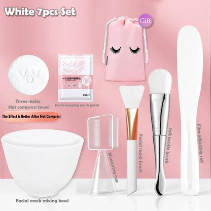 Silicone Face Mask Mixing Bowl Set Mixing Stick Spa Tool Beauty Salon Bowl Spoon Mask Mud Film Brush Silicone Facial Skincare White-7pcs