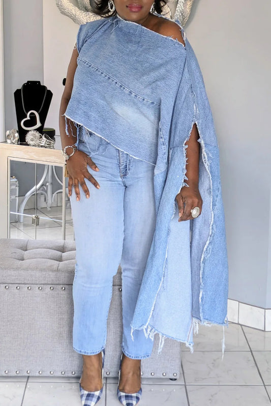 Plus Size Daily Blue Oblique Collar Batwing Sleeve Long Sleeve Split Irregular Hem Denim Jacket Blue
