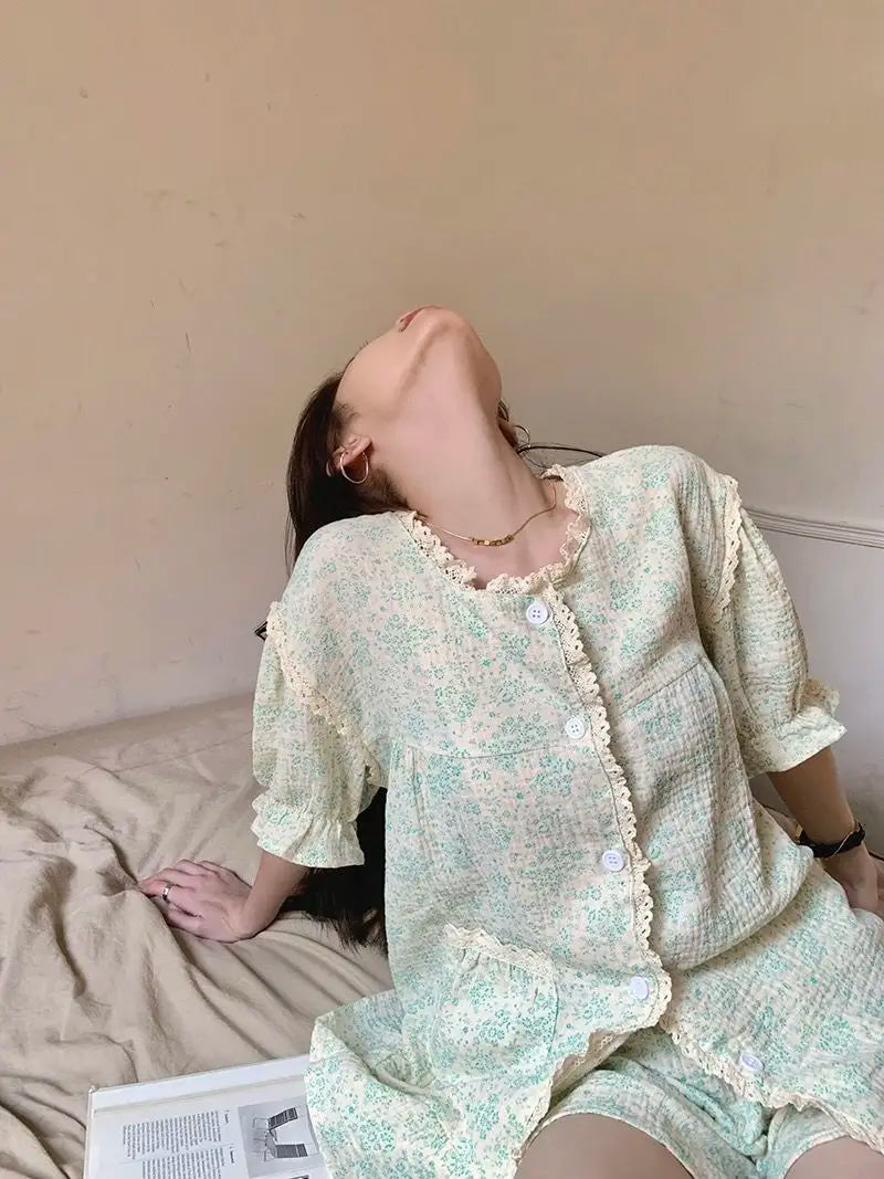 Ruffles Women Pajamas Sets for Home Summer Floral Sleepwear Shorts Sleeve Lace 2 Pieces Button Night Wears Korean Home Suit 2024