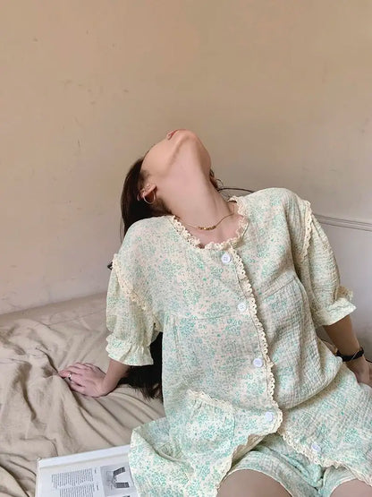 Ruffles Women Pajamas Sets for Home Summer Floral Sleepwear Shorts Sleeve Lace 2 Pieces Button Night Wears Korean Home Suit 2024