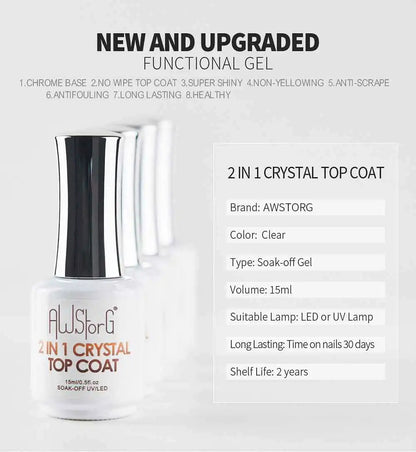 AWStorG15ml 2 IN 1 Crystal Top Coat Transparent Soak Off UV LED Nails Art Manicure Gel Nail Polish Varnishes Primer Function Gel