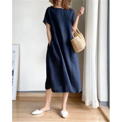 New in Spring Summer Women's Dress Elegant Casual Loose Short Sleeve Tops A-LINE Oversize Solid Midi Dresses for Women Clothing Badiee Stylez
