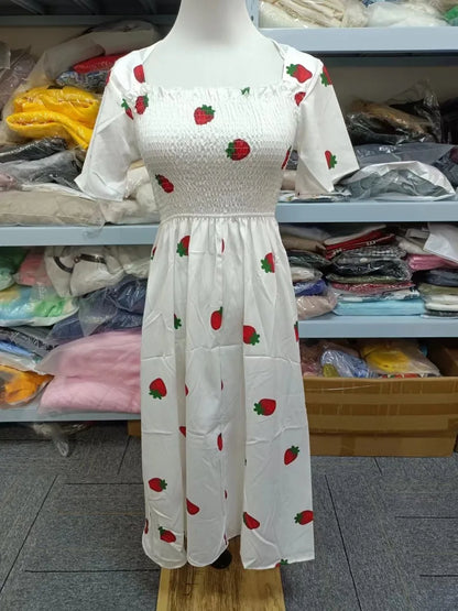Vintage Kawaii Strawberry Dress Women Sexy Ruffle Puff Sleeve Off Shoulder Embroidery Summer Party Dresses 2023 Korean Elegant