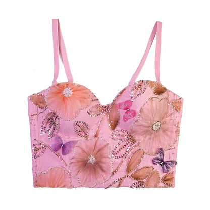 Flower Embroidery Bead Fish Bone Suspender Women Bra Sexy Exposed Waist Metal Buckle Top Party Vacation Female Tops 2025 Summer