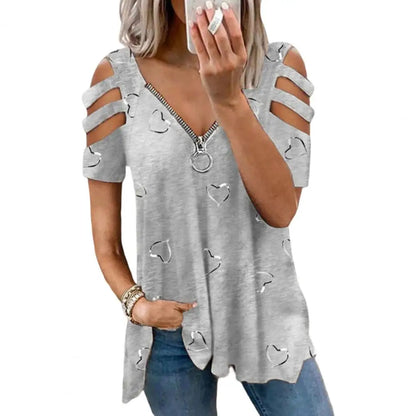 Women Summer Top V Neck Low-cut Hollow Out Short Sleeves T-shirt Match Pants Loose Plus Size Women Blouse Women Clothes Grey