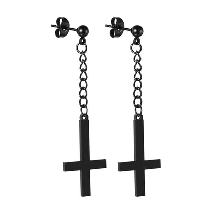BONISKISS Men Women Stainless Steel Inverted Upside Down Cross Earring Church of Satan Temple Occult Satanic Witchy Stud Jewelry Long Cross Black