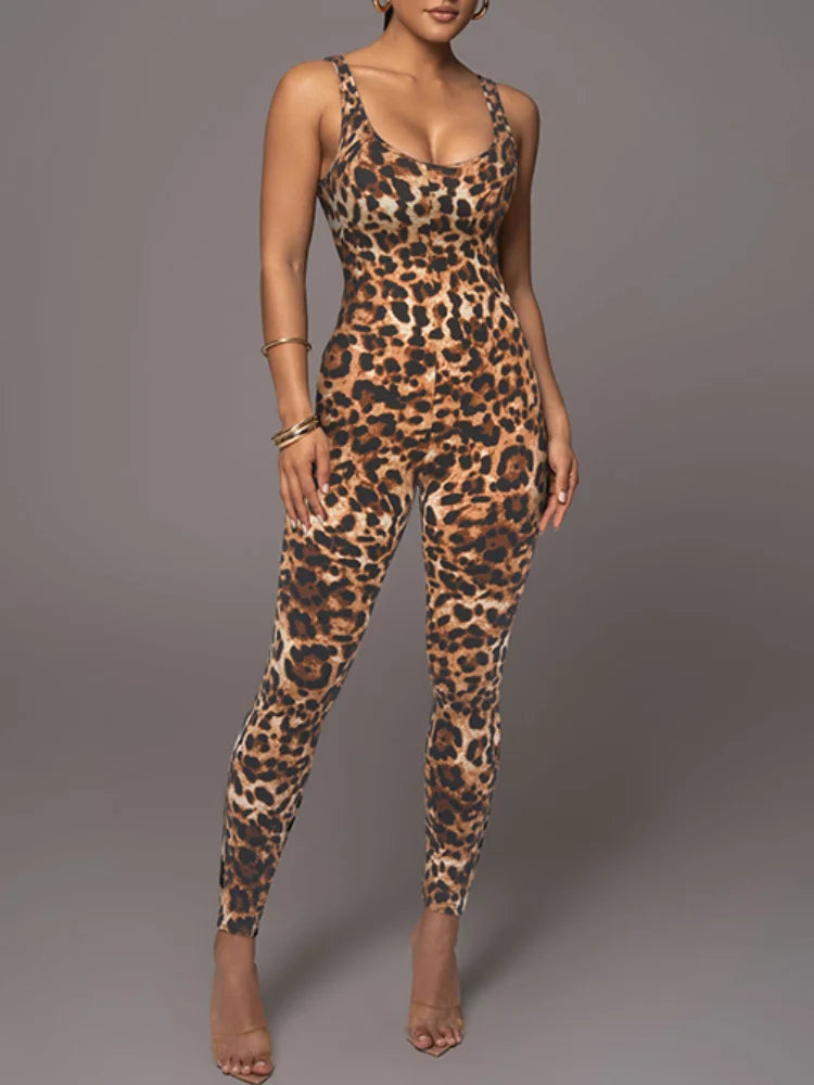 Women's Sexy Leopard Print Skinny Nightclub Jumpsuit Spaghetti-Neck Yoga Clothes Fitness Coverall Female Club Outfits