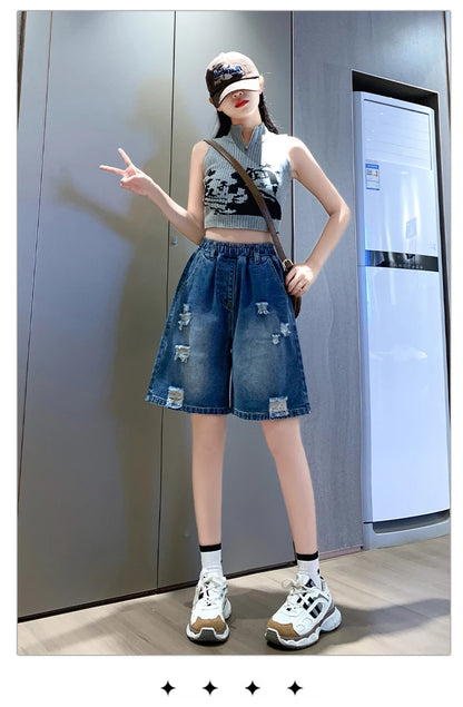 Plus Size Denim Shorts For Women 2024 Summer Wide Leg Loose Blue Jeans Shorts High Elastic Waist Half Length Casual Denim Shorts