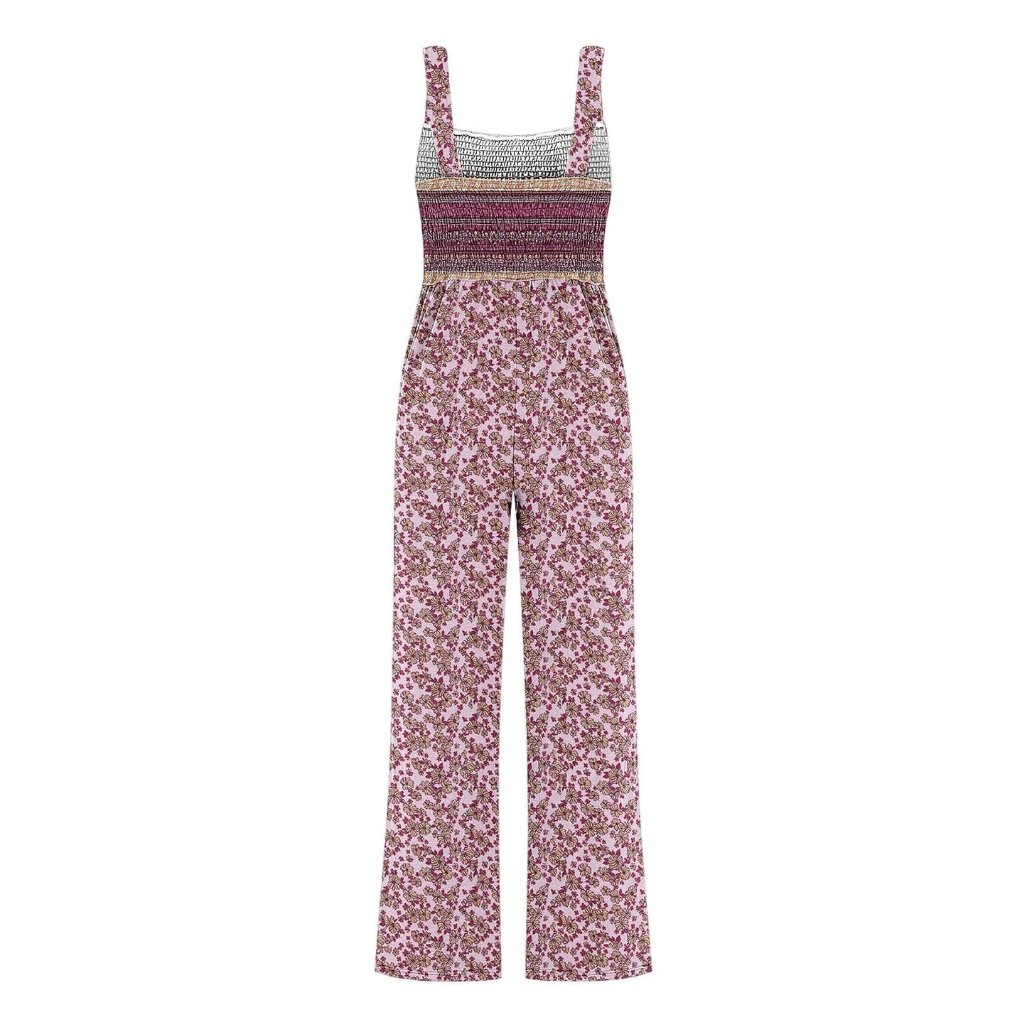 Women'S Suspender Jumpsuits Fashion Trend Pleated Shoulder Straps Printed Pocket Loose Wide Leg Jumpsuits Daily Casual All-Match