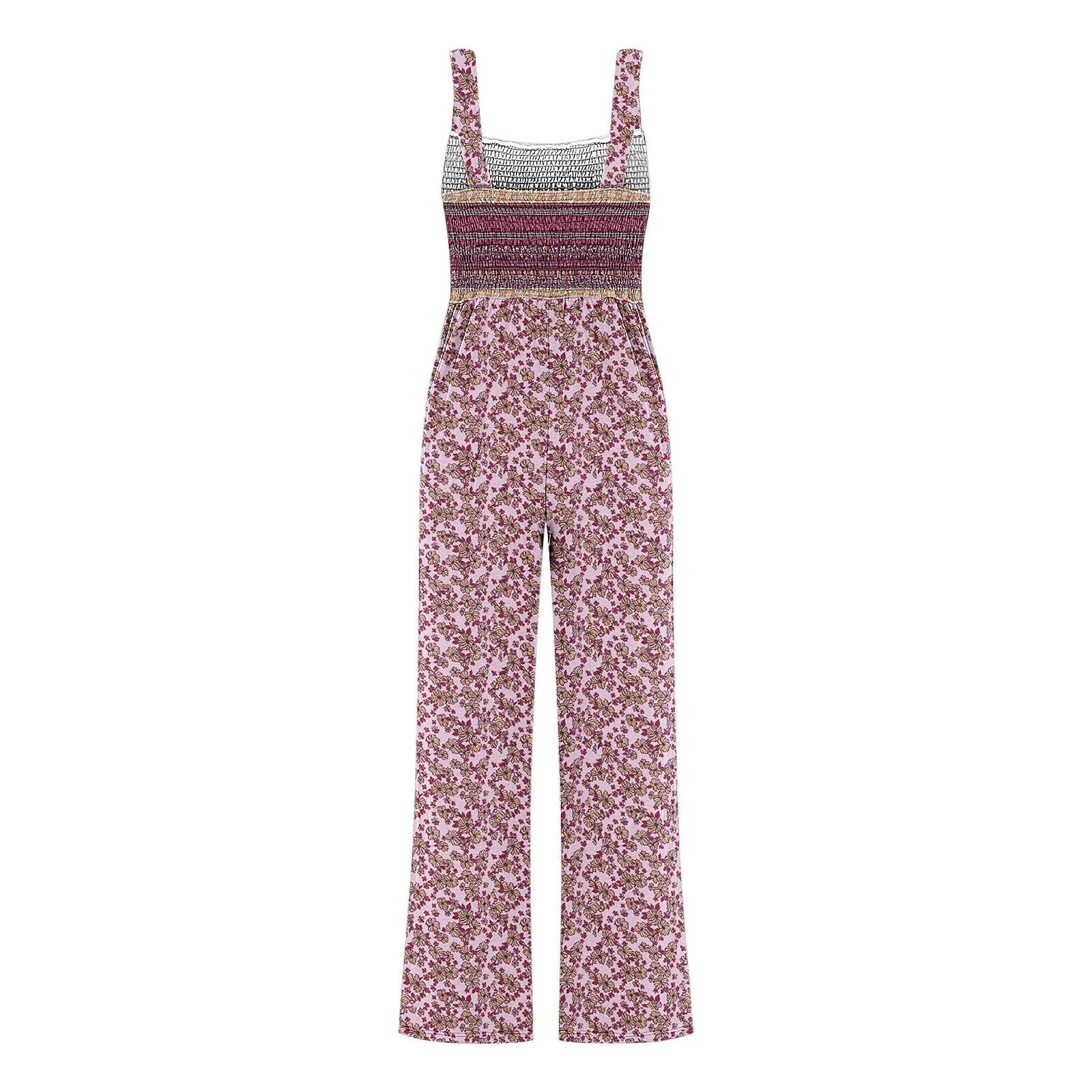 Women'S Suspender Jumpsuits Fashion Trend Pleated Shoulder Straps Printed Pocket Loose Wide Leg Jumpsuits Daily Casual All-Match