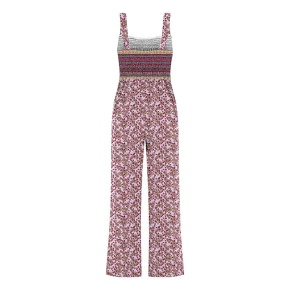 Women'S Suspender Jumpsuits Fashion Trend Pleated Shoulder Straps Printed Pocket Loose Wide Leg Jumpsuits Daily Casual All-Match