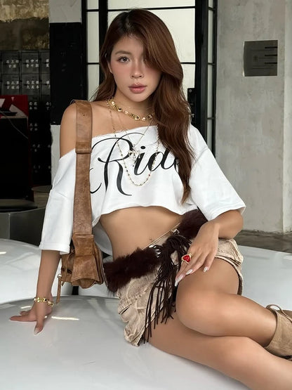 Nibber Loose Letter Print Mini t-Shirt Women Summer Trend Biased Collar Versatile Street Skinny Simple Classic Party Daily Tops WHITE