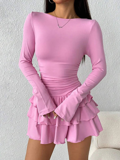 2025 Autumn Solid Slim Fit Cascading Ruffles Mini Dress Winter Women Elegant Flare Sleeve High Waist Sexy Party Bodycon Dresses Badiee Stylez