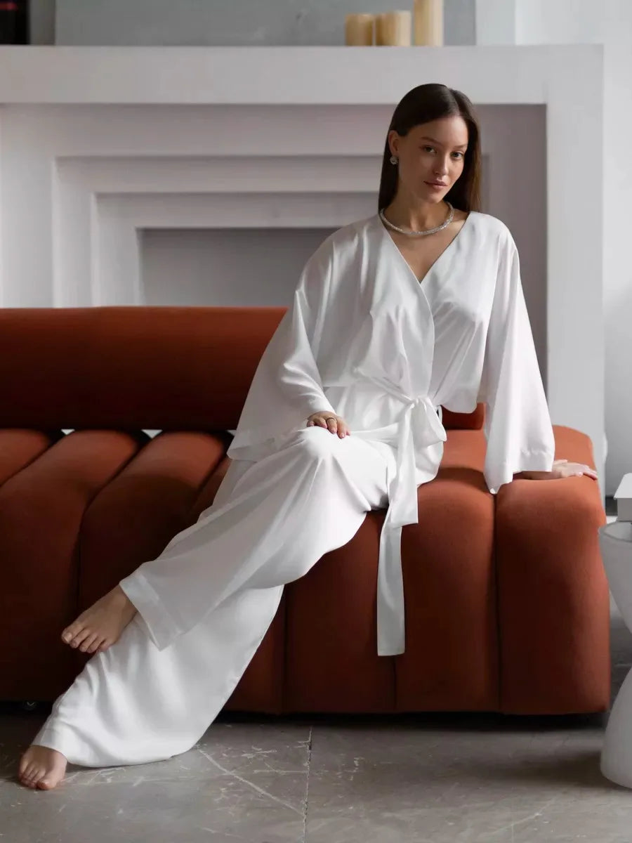 Mozuleva Solid Color Long Sleeved Pants Pajama 2-Piece Set Women's Autumn Winter Lace Up Nightgown Comfortable Home Clothing