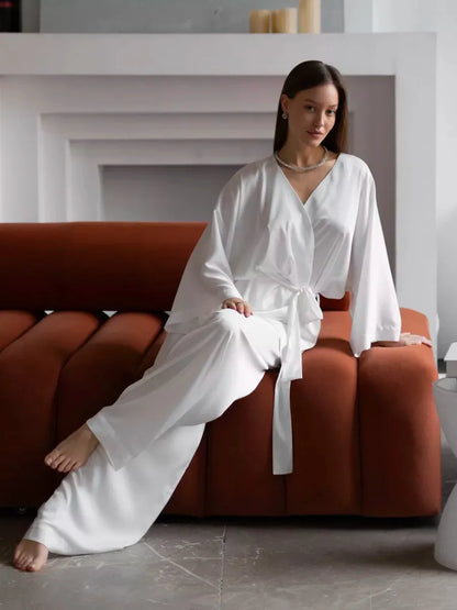 Mozuleva Solid Color Long Sleeved Pants Pajama 2-Piece Set Women's Autumn Winter Lace Up Nightgown Comfortable Home Clothing