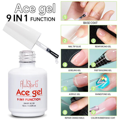 AWStorG15ml 2 IN 1 Crystal Top Coat Transparent Soak Off UV LED Nails Art Manicure Gel Nail Polish Varnishes Primer Function Gel 15ml Ace gel