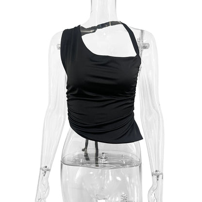 Sexy One Shoulder Off the Shoulder the Back Small Top 2024 Summer Solid Color Irregular Lace up Short Top