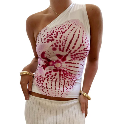 Xingqing One Shoulder Tank Top for Women Floral Print Sleeveless Backless Vest Cropped T Shirt y2k Aesthetic Clothing Streetwear As photo shows 5