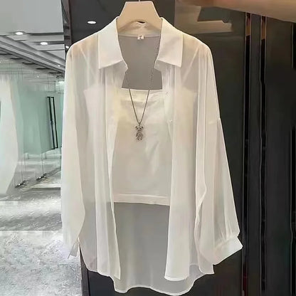 Shirt for Women Blouse Long Sleeve Top Chiffon Summer Simple Sun-proof Fashion All-match Basic Korean Sexy Solid Casual Shirt Apricot One Size