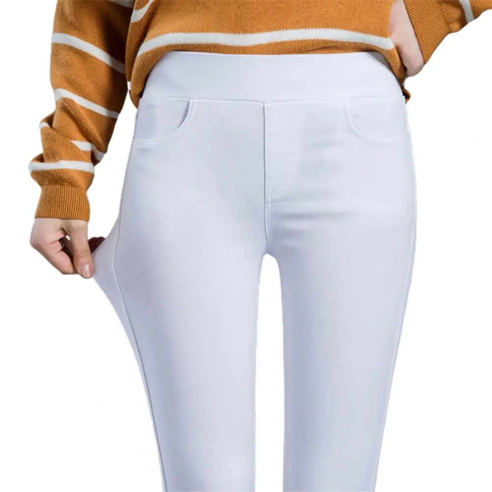 Office Lady Elastic High Waist Solid Color Trousers Summer Thin Female Clothing Casual Pockets Slim Nine Points Straight Pants White