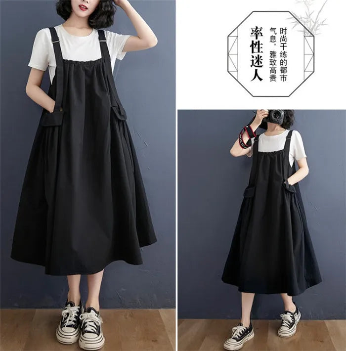 Female Dress Summer Mid-Length Loose Solid Color Pocket Swing Chic Casual Straps Dresses New Women Dress Vestidos Selling