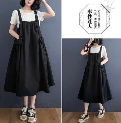 Female Dress Summer Mid-Length Loose Solid Color Pocket Swing Chic Casual Straps Dresses New Women Dress Vestidos Selling