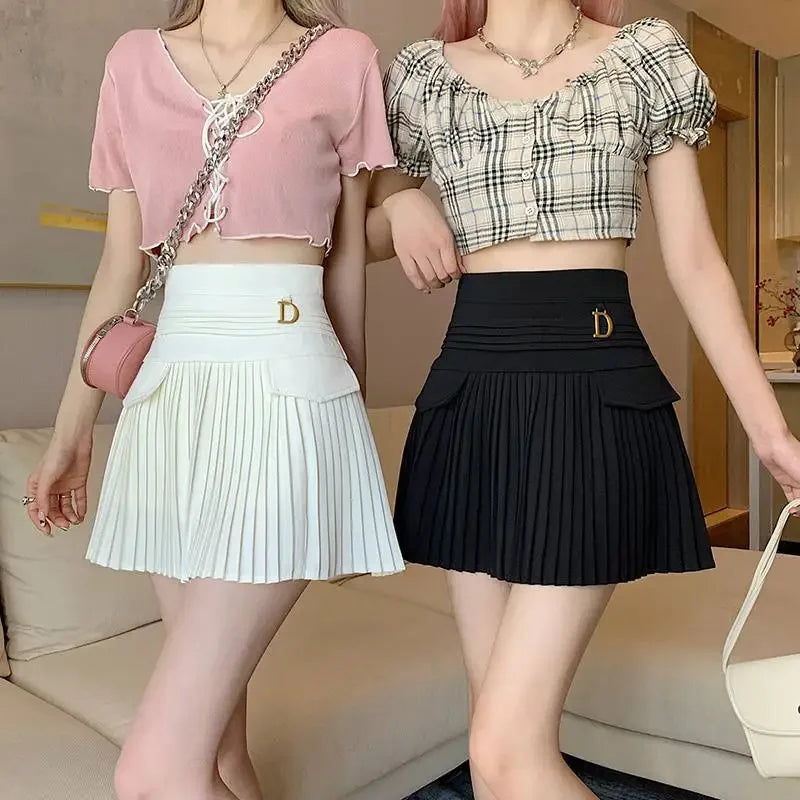 White Pleated Skirt Women High Waist Skater Skirt Female Korean A-Line High Fashion Casual Short Skirt Women Bottoms