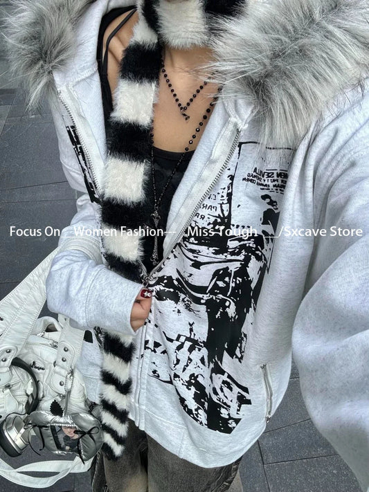 Korean Fashion Sweatshirts Harajuku Gothic Printed Coats Jackets Subculture Vintage Faux Fur Hooded Women Casual Y2k Clothing