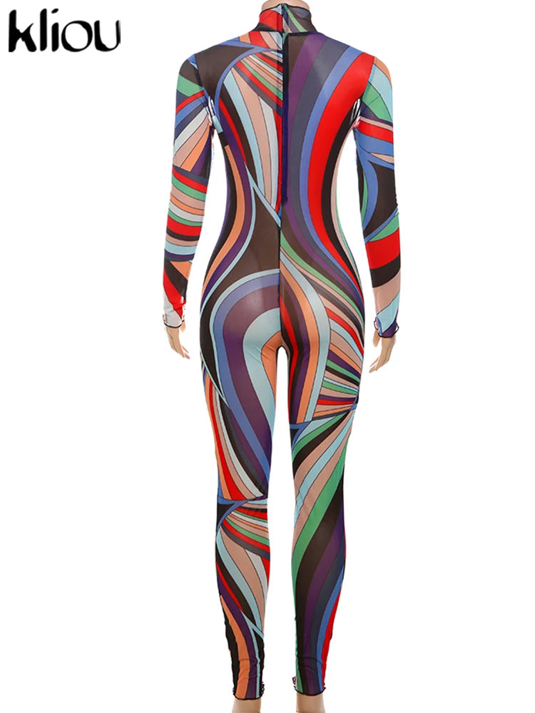 kliou Mesh Colorful Plaid Women Jumpsuits Fashion Panelled Full Sleeve Stand Collar Slim Overalls Female Stunnig Club One Piece