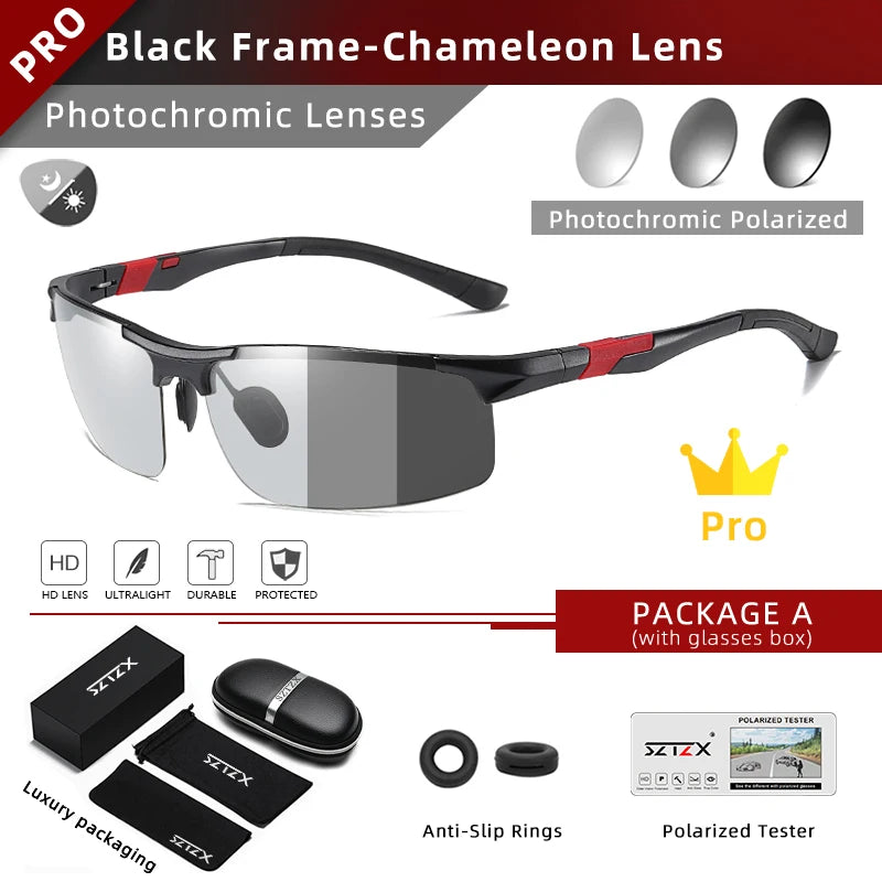SZTZX Aluminum Rimless Photochromic Sunglasses Men Polarized Day Night Driving Glasses Chameleon Anti-Glare Sport gafas de sol Black-Photochromic