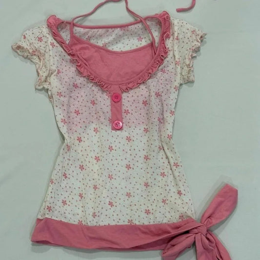 Retro Floral Print Fake Two-piece Short-sleeved T-shirt Women Y2K Millennial Hot Girl Sweet Slim Harajuku Street Casual Top