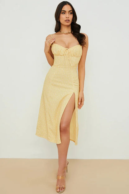 Women Elegant Floral Beach Vacation Bodycon Streetwear Long Dress 2024 Summer Clothes Wholesale Items For Business 752-Dark Yellow