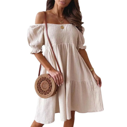 New Short Sleeve Off The Shoulder High Waist A-Line Pleated Dress Sexy Club Outfits Solid Color Summer Dress Women 2025 1