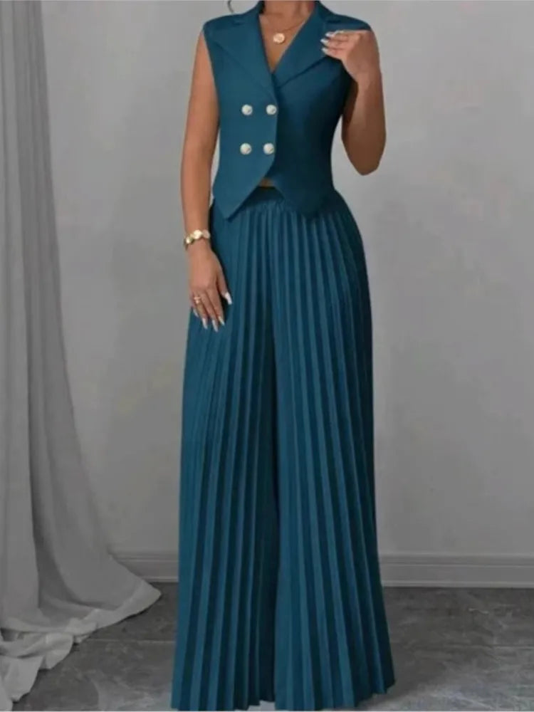 Women Fashion Solid Office Suit Casual Slim Button Two Piece Set Elegant Turn Down Collar Sleeveless Blazer&Pleat Pants Outfits