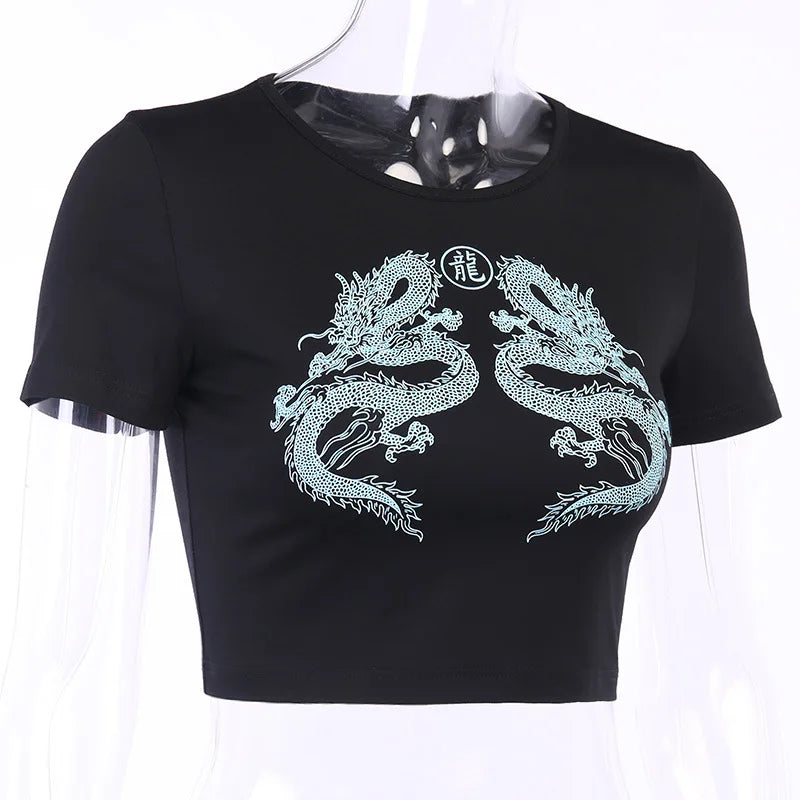 Women Short Sleeve Dragon Print T-shirt Summer Fashion Crop Top for Shopping Daily Wear