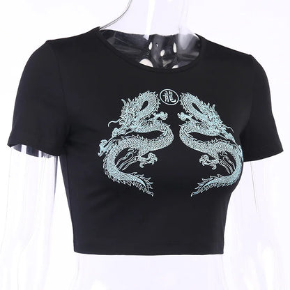 Women Short Sleeve Dragon Print T-shirt Summer Fashion Crop Top for Shopping Daily Wear