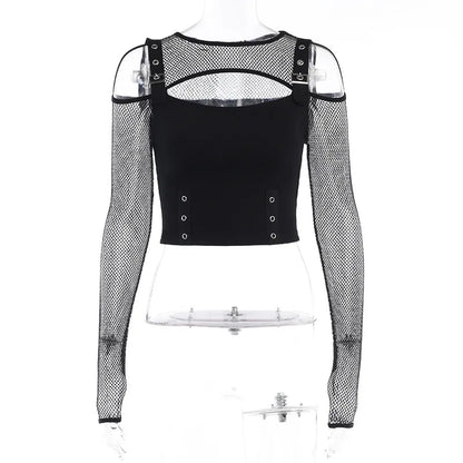 Goth Dark Mall Gothic Fishnet Patchwork T-shirts Grunge Punk Hollow Out Buckle Crop Tops Techwear Fashion Female Alt Streetwear