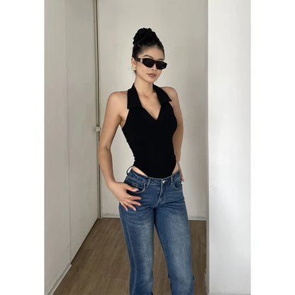 American Style Spicy Girl Sleeveless Polo Neck Solid Bodysuits Women's 2024 Summer New Sexy Backless High Waisted Slim Top Q29N Black pre-sale L