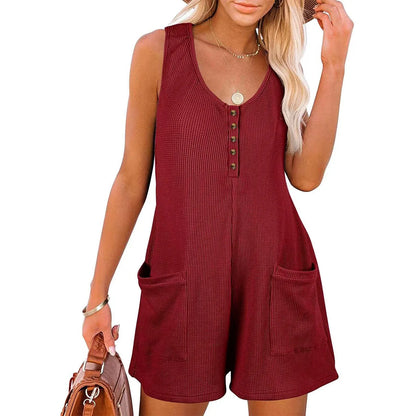Women Loose Overalls Boho Solid Color V Collar  Pocket Sleeveless Rompers Summer Casual Clothes Short Jumpsuit Badiee Stylez